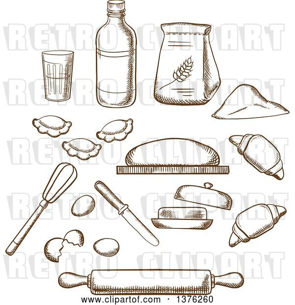 Vector Clip Art of Retro Cartoon Brown Sketched Dough, Milk, Butter, Eggs, Flour and Kitchen Utensils