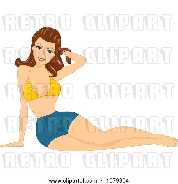 Vector Clip Art of Retro Cartoon Brunette Pinup Lady in Shorts and a Bikini Top