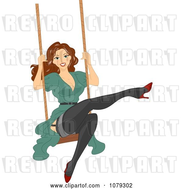 Vector Clip Art of Retro Cartoon Brunette Pinup Lady Swinging in Stockings