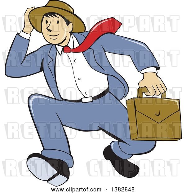 Vector Clip Art of Retro Cartoon Business Man Holding on to His Hat and Running
