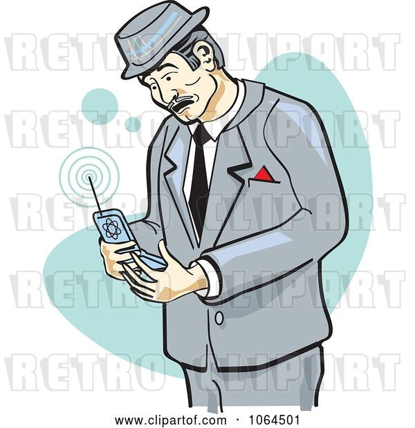Vector Clip Art of Retro Cartoon Business Man Using a Cell Phone