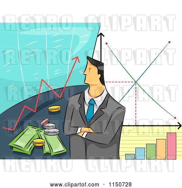 Vector Clip Art of Retro Cartoon Business Man with Stock Graphs and Financial Charts