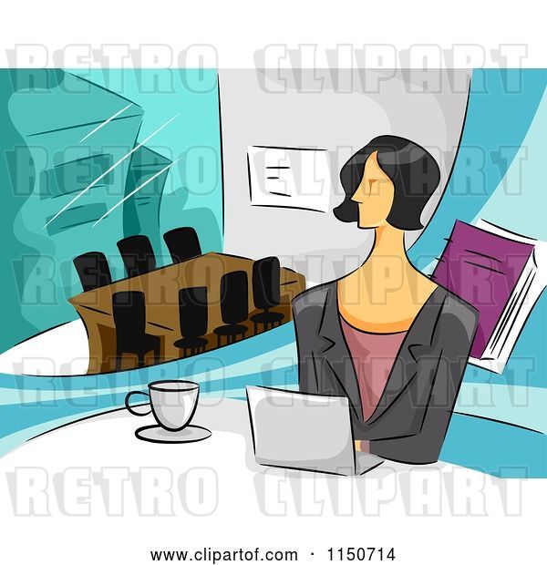Vector Clip Art of Retro Cartoon Business Woman with a Laptop in an Office