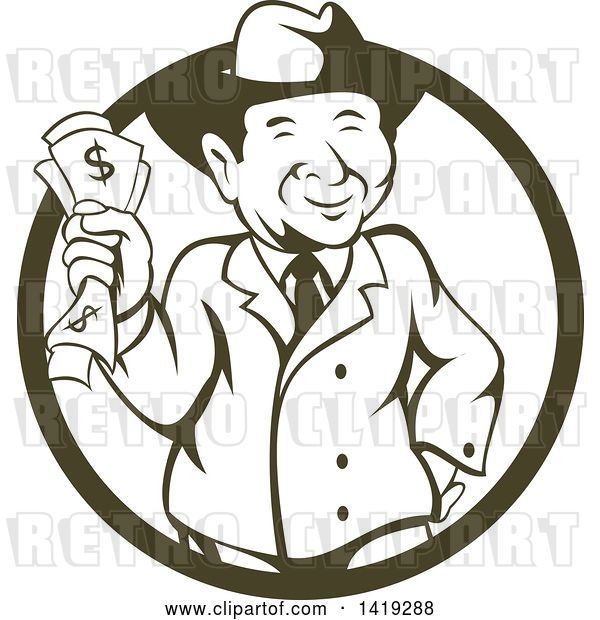 Vector Clip Art of Retro Cartoon Businessman Wearing a Fedora Hat and Holding Cash Money in a Cricle
