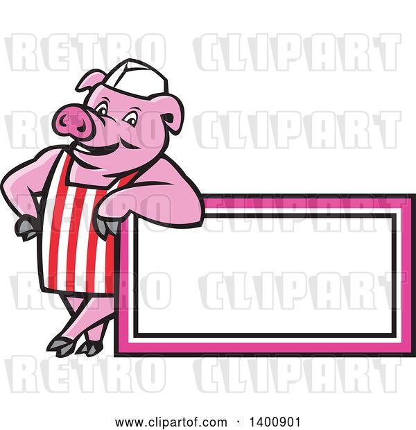 Vector Clip Art of Retro Cartoon Butcher Pig Leaning on a Blank Sign