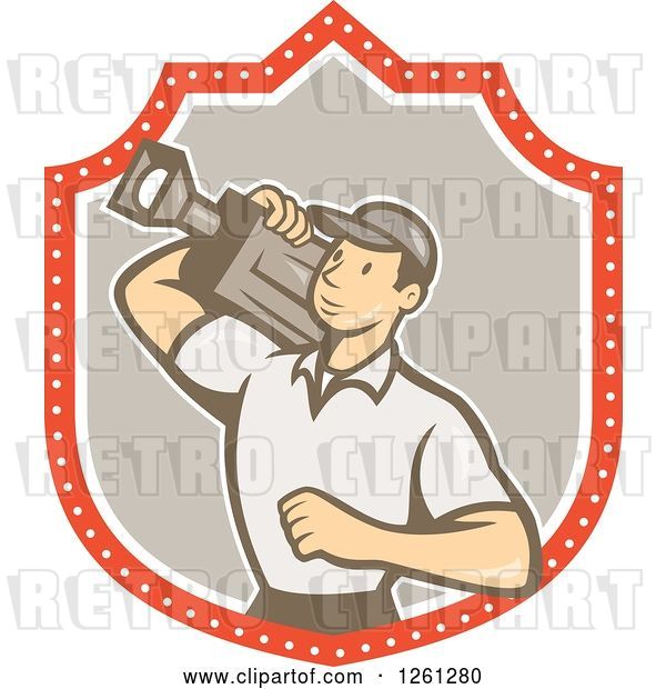 Vector Clip Art of Retro Cartoon Cameraman Filming in a Shield