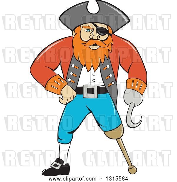 Vector Clip Art of Retro Cartoon Captain Pirate with a Peg Leg and Hook Hand
