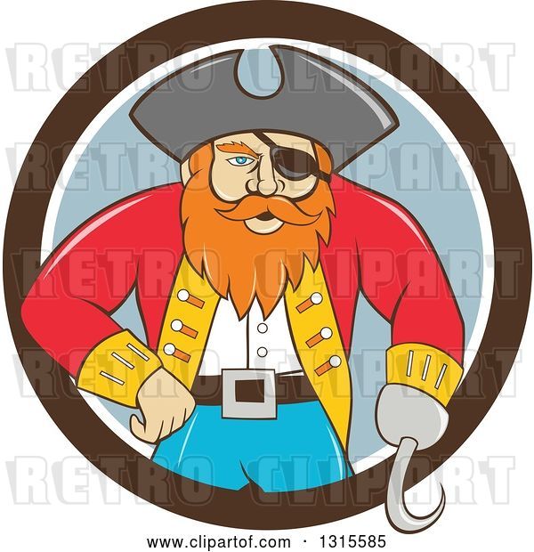 Vector Clip Art of Retro Cartoon Captain Pirate with a Peg Leg and Hook Hand, Emerging from a Brown White and Gray Circle