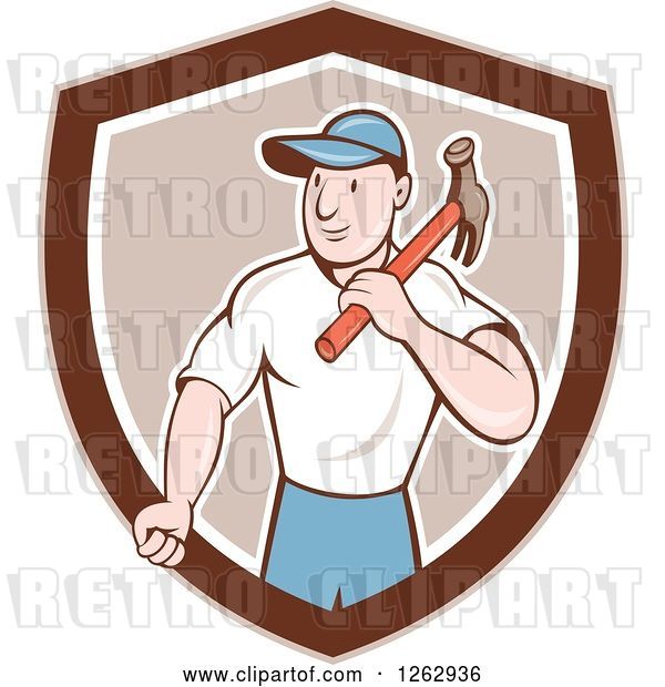 Vector Clip Art of Retro Cartoon Carpenter with a Hammer in a Brown and White Shield