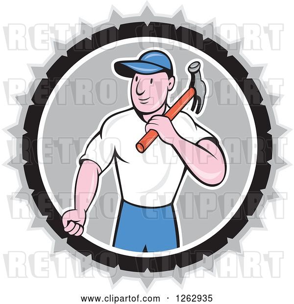 Vector Clip Art of Retro Cartoon Carpenter with a Hammer in a Gray White and Black Circle