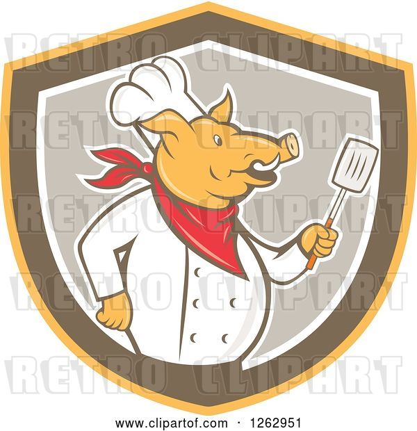 Vector Clip Art of Retro Cartoon Chef Pig Holding a Spatula in a Yellow Brown and Taupe Shield