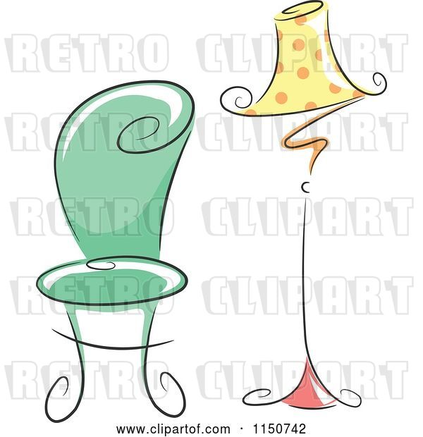 Vector Clip Art of Retro Cartoon Chic Green Chair and Polka Dot Lamp