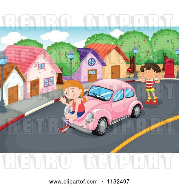 Vector Clip Art of Retro Cartoon Children with a Pink Slug Bug Car