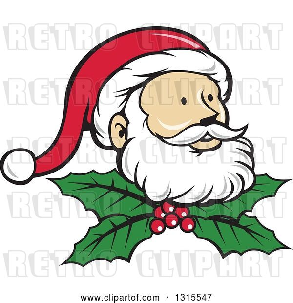 Vector Clip Art of Retro Cartoon Christmas Santa Claus Face over Holly and Berries