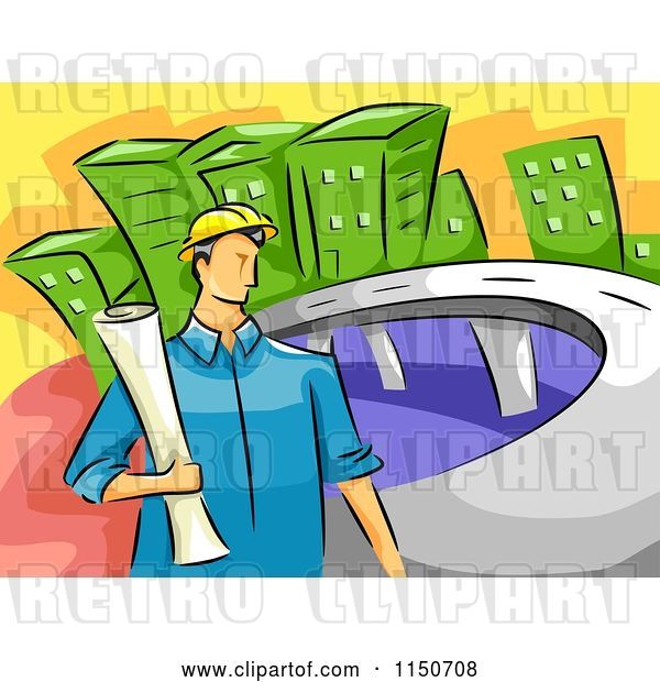 Vector Clip Art of Retro Cartoon Civil Engineer Guy Holding Blueprints by a Road