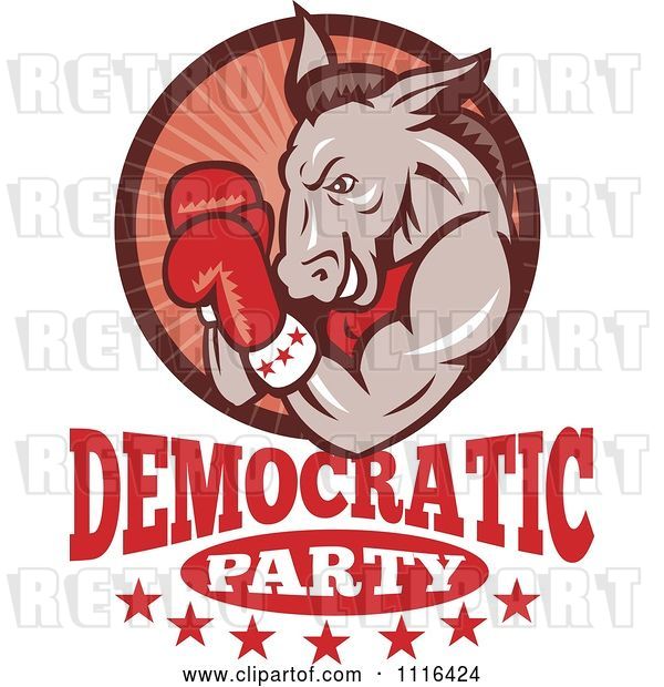Vector Clip Art of Retro Cartoon Clipart Donkey Boxer in a Red Ray Circle with Democratic Party Text- Royalty Free Vector Illustration