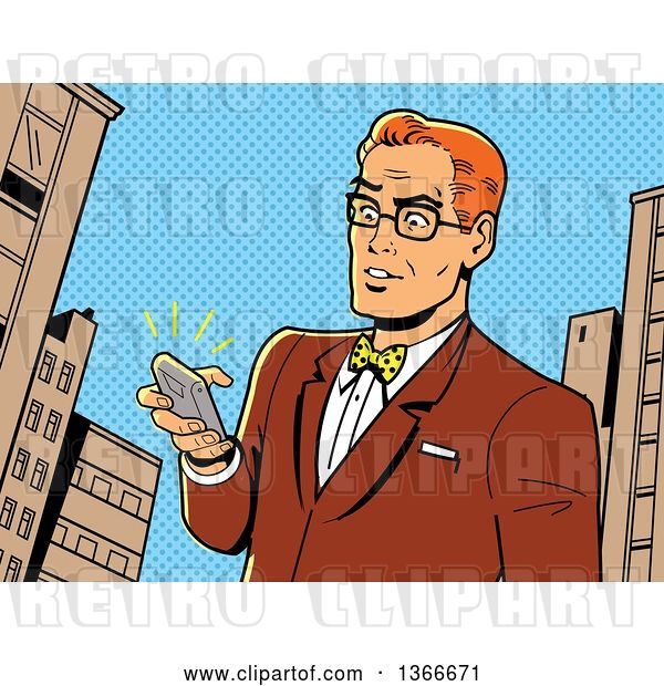 Vector Clip Art of Retro Cartoon Comic Styled Bespectacled Red Haired White Guy Holding a Ringing Smart Phone in a City