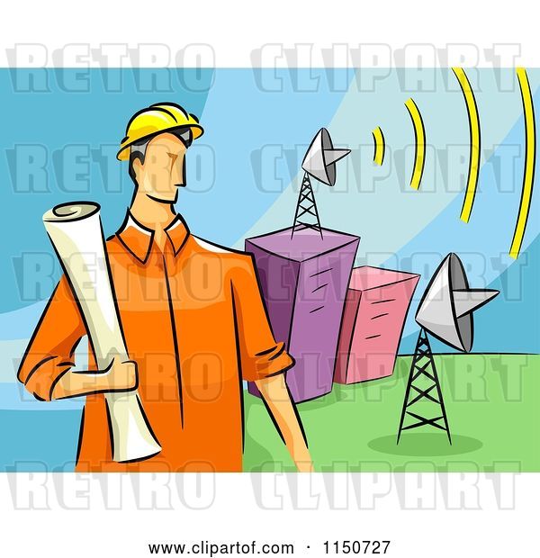 Vector Clip Art of Retro Cartoon Communications Engineer Guy with Satellite Dishes