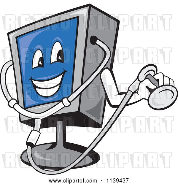 Vector Clip Art of Retro Cartoon Computer Monitor Mascot Holding a Diagnostics Stethoscope