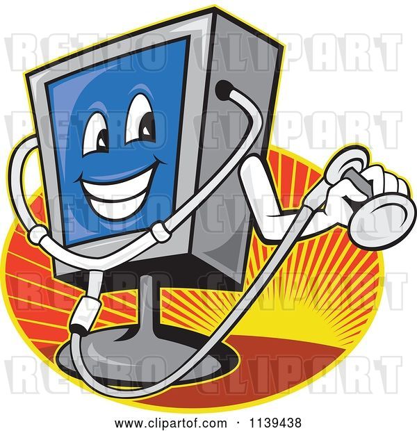 Vector Clip Art of Retro Cartoon Computer Monitor Mascot Holding a Diagnostics Stethoscope over Rays