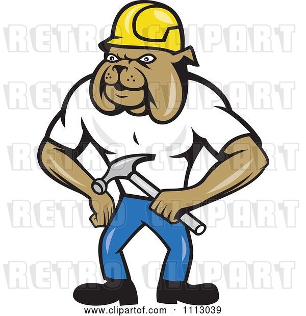 Vector Clip Art of Retro Cartoon Construction Bulldog Holding a Hammer