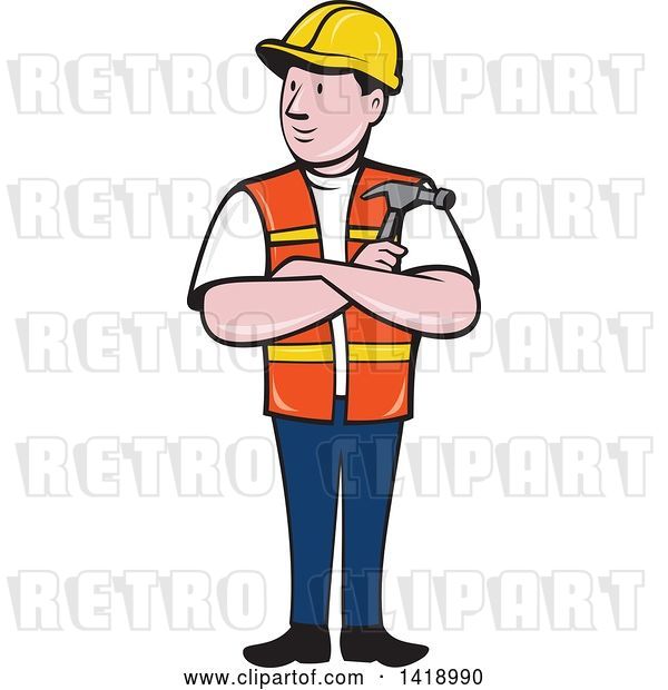 Vector Clip Art of Retro Cartoon Construction Worker Holding a Hammer in Folded Arms