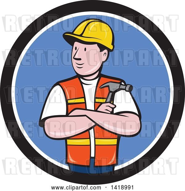 Vector Clip Art of Retro Cartoon Construction Worker Holding a Hammer in Folded Arms in a Black White and Blue Circle