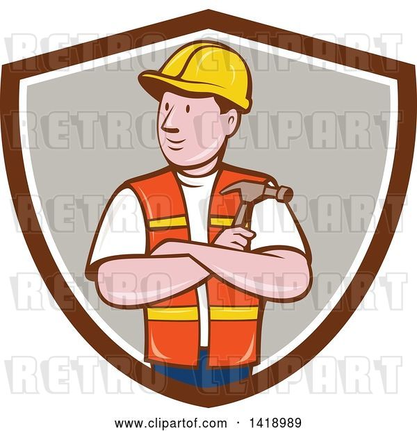 Vector Clip Art of Retro Cartoon Construction Worker Holding a Hammer in Folded Arms in a Shield