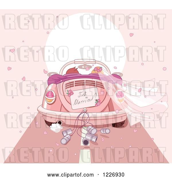 Vector Clip Art of Retro Cartoon Couple Driving Away in a Pink VW Slug Bug Wedding Car with a Just Married Sign