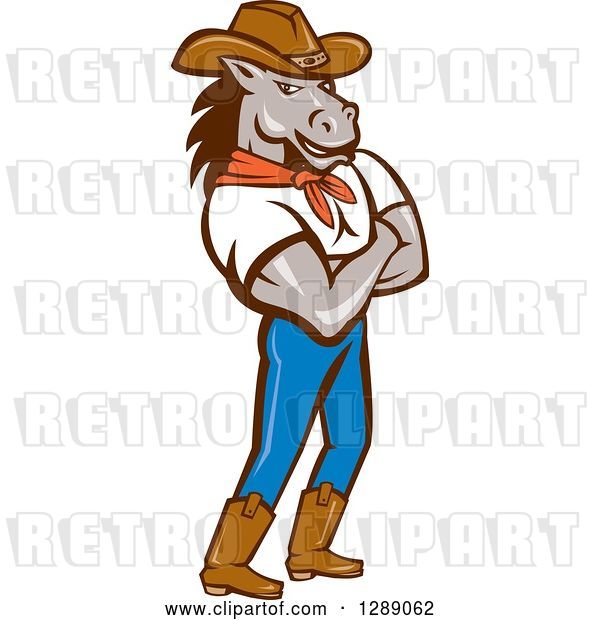 Vector Clip Art of Retro Cartoon Cowboy Sheriff Horse Guy Standing with Folded Arms