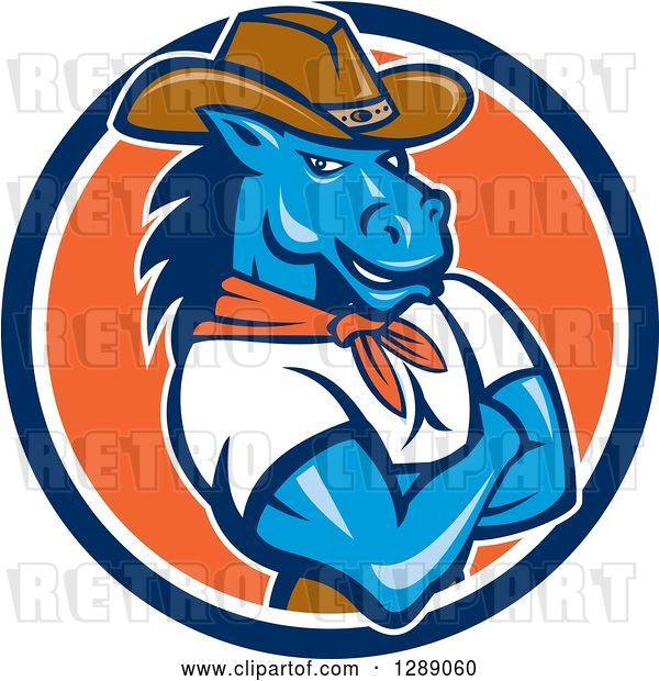 Vector Clip Art of Retro Cartoon Cowboy Sheriff Horse Guy with Folded Arms in a Blue White and Orange Circle