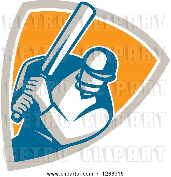 Vector Clip Art of Retro Cartoon Cricket Batsman Player in a Taupe White and Orange Shield