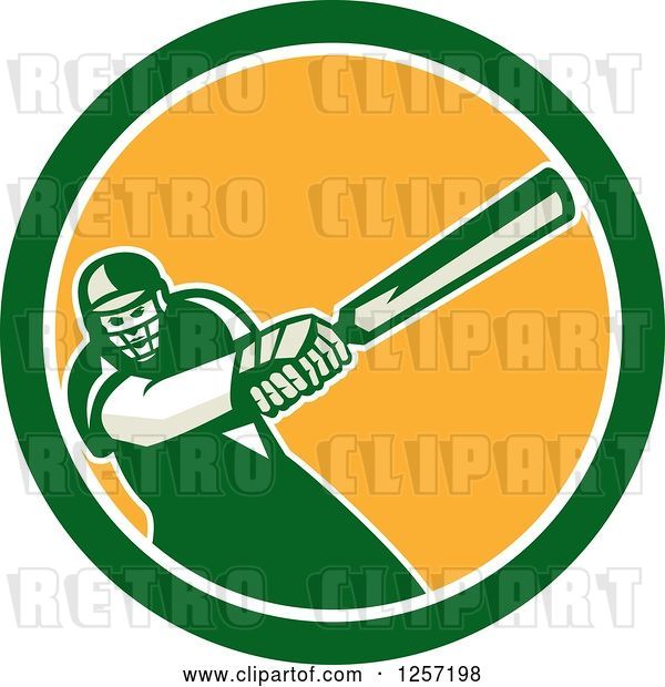 Vector Clip Art of Retro Cartoon Cricket Batsman Player Swinging in a Blue White and Yellow Circle