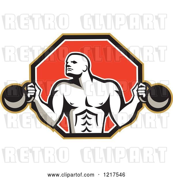 Vector Clip Art of Retro Cartoon Crossfit Bodybuilder with Kettlebells in a Red Hexagon