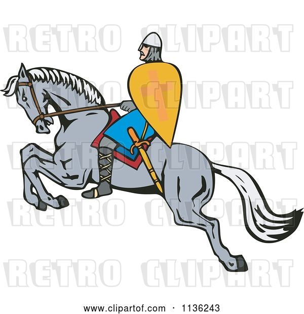 Vector Clip Art of Retro Cartoon Crusader on a Leaping Horse