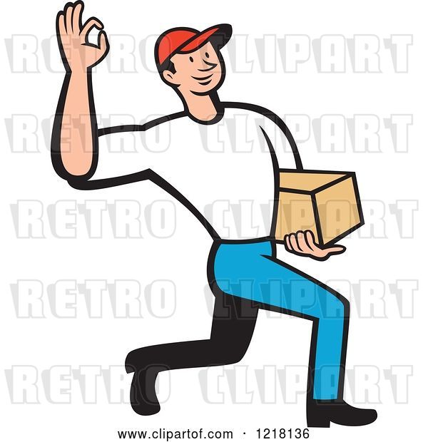 Vector Clip Art of Retro Cartoon Delivery Guy Gesturing Ok and Carrying a Package