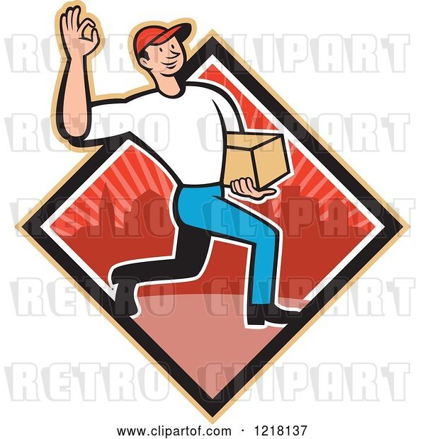 Vector Clip Art of Retro Cartoon Delivery Guy Gesturing Ok and Carrying a Package in a Red Urban Diamond