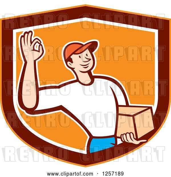 Vector Clip Art of Retro Cartoon Delivery Guy Gesturing Ok and Carrying a Parcel in an Orange Marroon and White Shield
