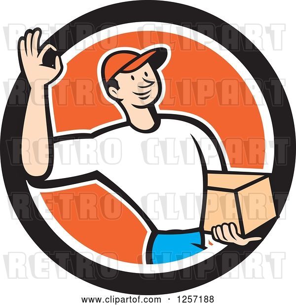 Vector Clip Art of Retro Cartoon Delivery Guy Gesturing Ok and Carrying a Parcel in an Orange White and Black Circle
