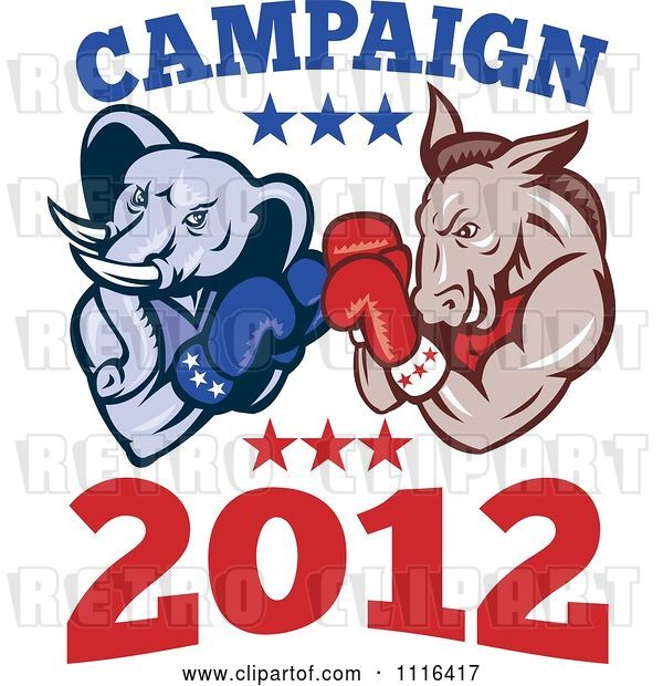 Vector Clip Art of Retro Cartoon Democratic Donkey and Republican Elephant Boxing with Campaign 2012 Text