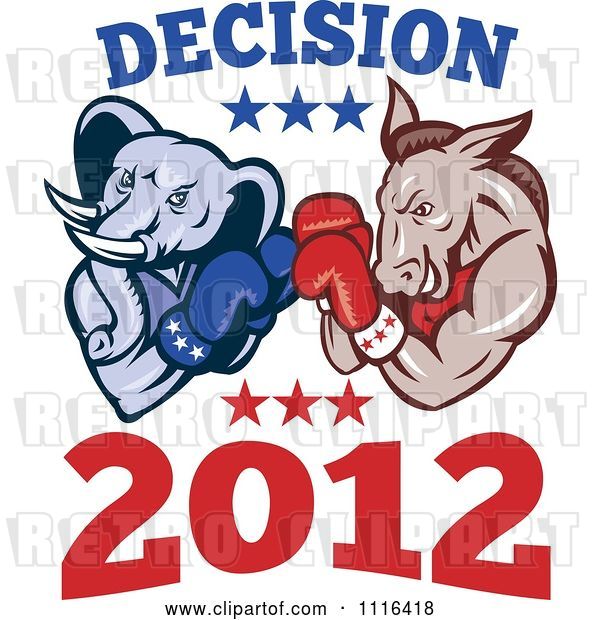 Vector Clip Art of Retro Cartoon Democratic Donkey and Republican Elephant Boxing with Decision 2012 Text