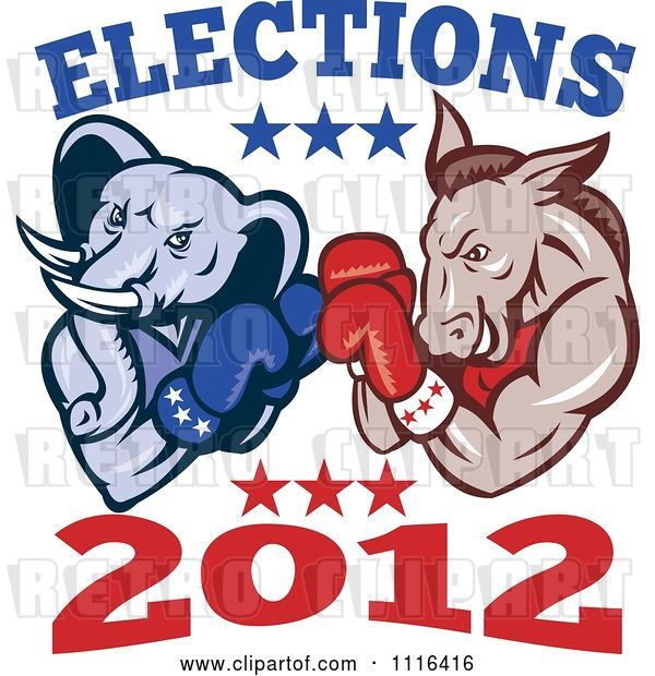 Vector Clip Art of Retro Cartoon Democratic Donkey and Republican Elephant Boxing with Elections 2012 Text