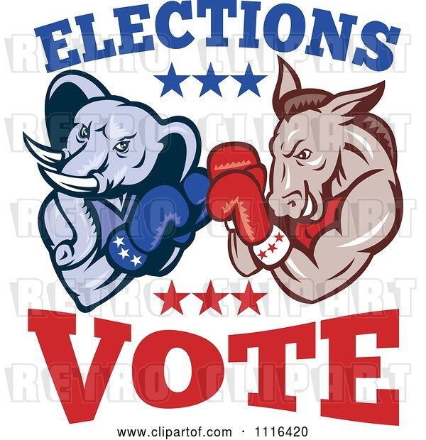 Vector Clip Art of Retro Cartoon Democratic Donkey and Republican Elephant Boxing with Elections Vote Text