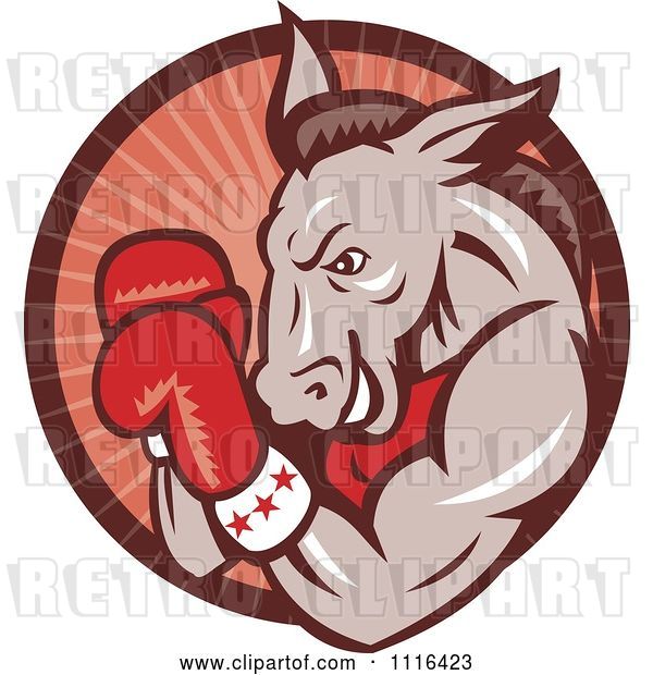 Vector Clip Art of Retro Cartoon Democratic Donkey Boxer in a Red Ray Circle