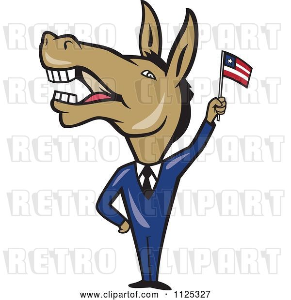 Vector Clip Art of Retro Cartoon Democratic Donkey in a Suit Waving an American Flag