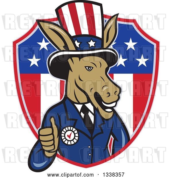 Vector Clip Art of Retro Cartoon Democratic Party Donkey Uncle Sam Giving a Thumb up and Emerging from an American Shield