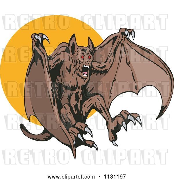 Vector Clip Art of Retro Cartoon Demonic Vampire Bat Attacking over a Full Moon
