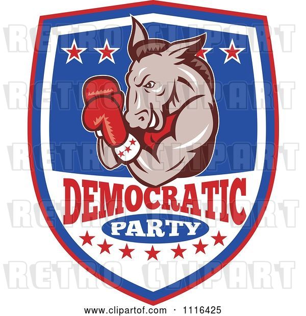 Vector Clip Art of Retro Cartoon Donkey Boxer on a Democratic Party Shield