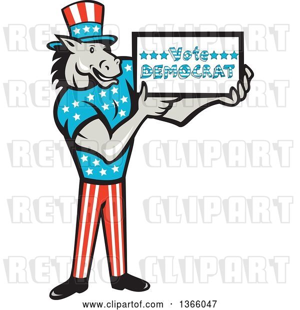 Vector Clip Art of Retro Cartoon Donkey Wearing a Top Hat and Holding a Vote Democrat Sign