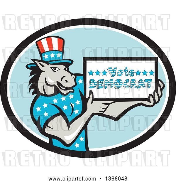 Vector Clip Art of Retro Cartoon Donkey Wearing a Top Hat and Holding a Vote Democrat Sign in an Oval